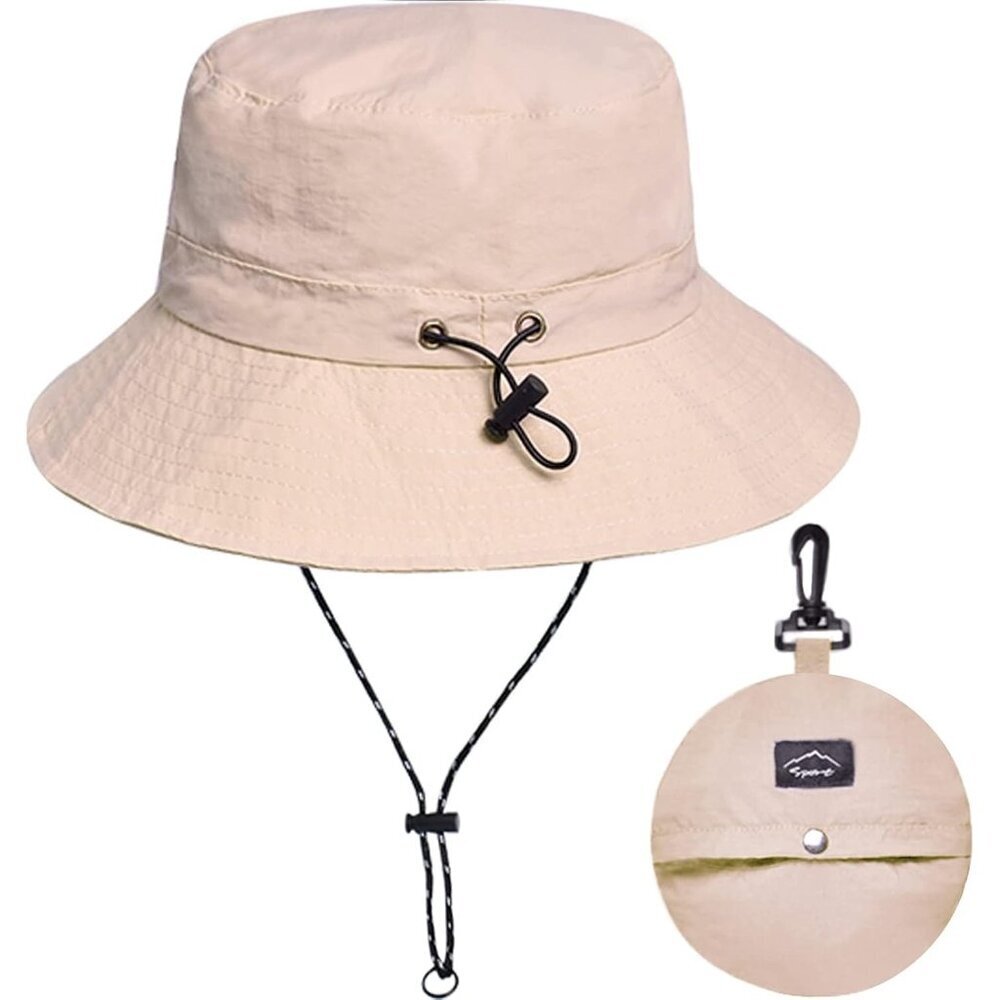 Unisex Beige 100%Nylon Wide Brim Uv Protection Chin Strap Packable Bucket Hat